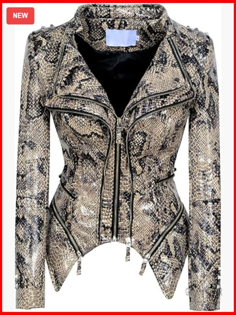 Slim Fit Faux Leather Moto Jacket with Studded Snake Print Design
